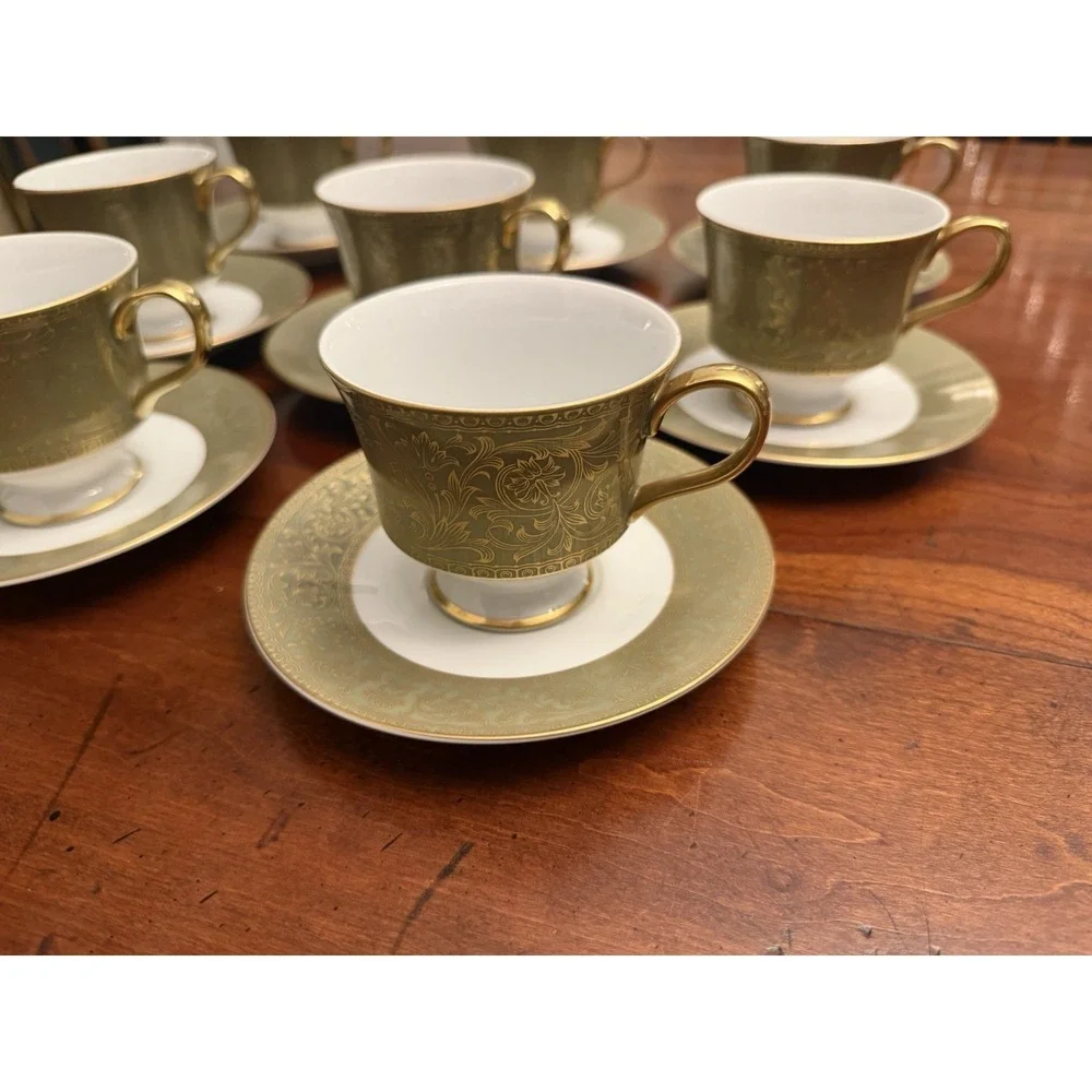 Set of 8 Sango Versailles 3632 Teacups and Saucers Vintage‎ Green Gold Japan